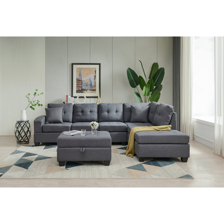 INLE Sectional 3Seaters Sofa With Reversible Chaise, Storage Ottoman